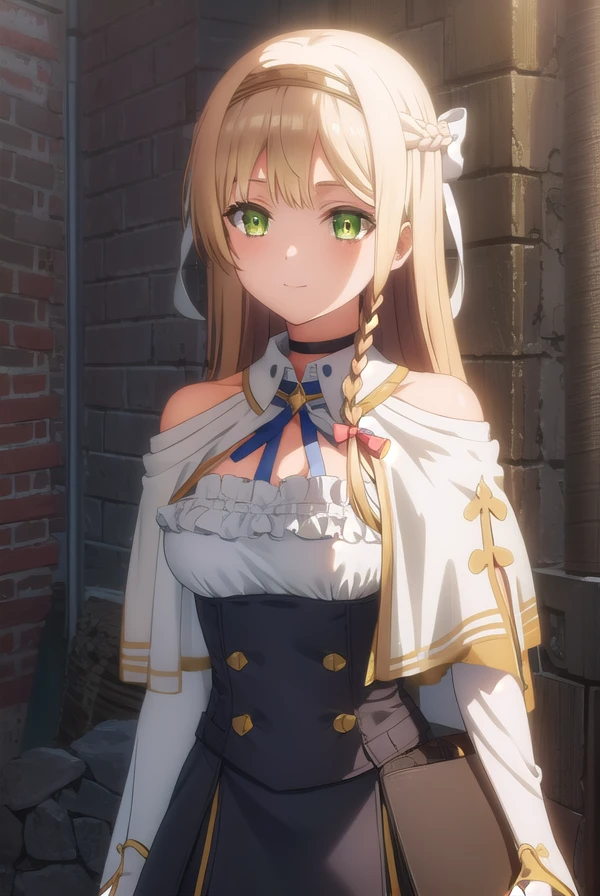 klaudiavalentz, <lora:klaudia valentz s1-lora-nochekaiser:1>,
klaudia valentz, long hair, blonde hair, bow, ribbon, (green eyes:1.3), braid, hairband, side braid, smile,
BREAK skirt, gloves, cleavage, choker, capelet, bridal gauntlets, white capelet,
BREAK outdoors,
BREAK looking at viewer, (cowboy shot:1.5),
BREAK <lyco:GoodHands-beta2:1>, (masterpiece:1.2), best quality, high resolution, unity 8k wallpaper, (illustration:0.8), (beautiful detailed eyes:1.6), extremely detailed face, perfect lighting, extremely detailed CG, (perfect hands, perfect anatomy),