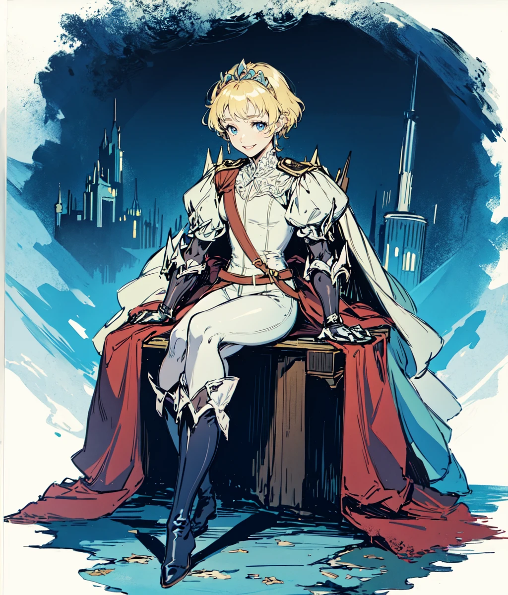 masterpiece, anime screencap, 1 girl, solo, blonde hair, blue eyes, very short hair, male haircut, tiara, blue shirt, puffy sleeves, white pants, boots, blue cape, gauntlets, outdoors, castle, full body, cowboy shot, sitting, smiling, closeup <lora:Eruca RH:1>