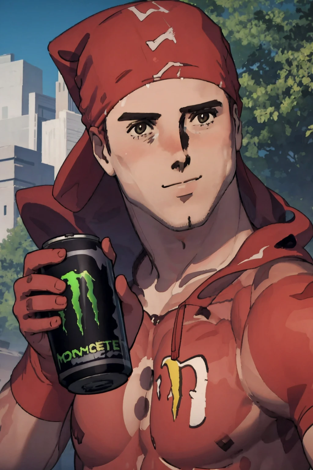 High Quality, Masterpiece, incrsyaranaika, <lora:YaranaikaIdle:1.2>, 1boy, upper body, Ricardo, red bandana on the head, <lora:Char_Sigmas_RicardoMilos:0.9>, HoldingMonsterEnergy, <lora:Pos_HoldingMonsterEnergy:0.5>, holding, holding can,