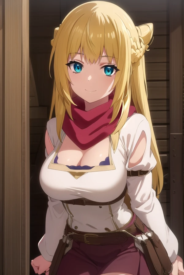 banishedrit, <lora:banished rit s1-lora-nochekaiser:1>,
rit, long hair, blonde hair, aqua eyes, rit, braid, hair bun, french braid, smile,
BREAK skirt, thighhighs, long sleeves, cleavage, boots, brown thighhighs, long sleeves, underwear, belt, scarf, clothing cutout, cleavage cutout, red scarf,
BREAK outdoors,
BREAK looking at viewer, (cowboy shot:1.5),
BREAK <lyco:GoodHands-beta2:1>, (masterpiece:1.2), best quality, high resolution, unity 8k wallpaper, (illustration:0.8), (beautiful detailed eyes:1.6), extremely detailed face, perfect lighting, extremely detailed CG, (perfect hands, perfect anatomy),