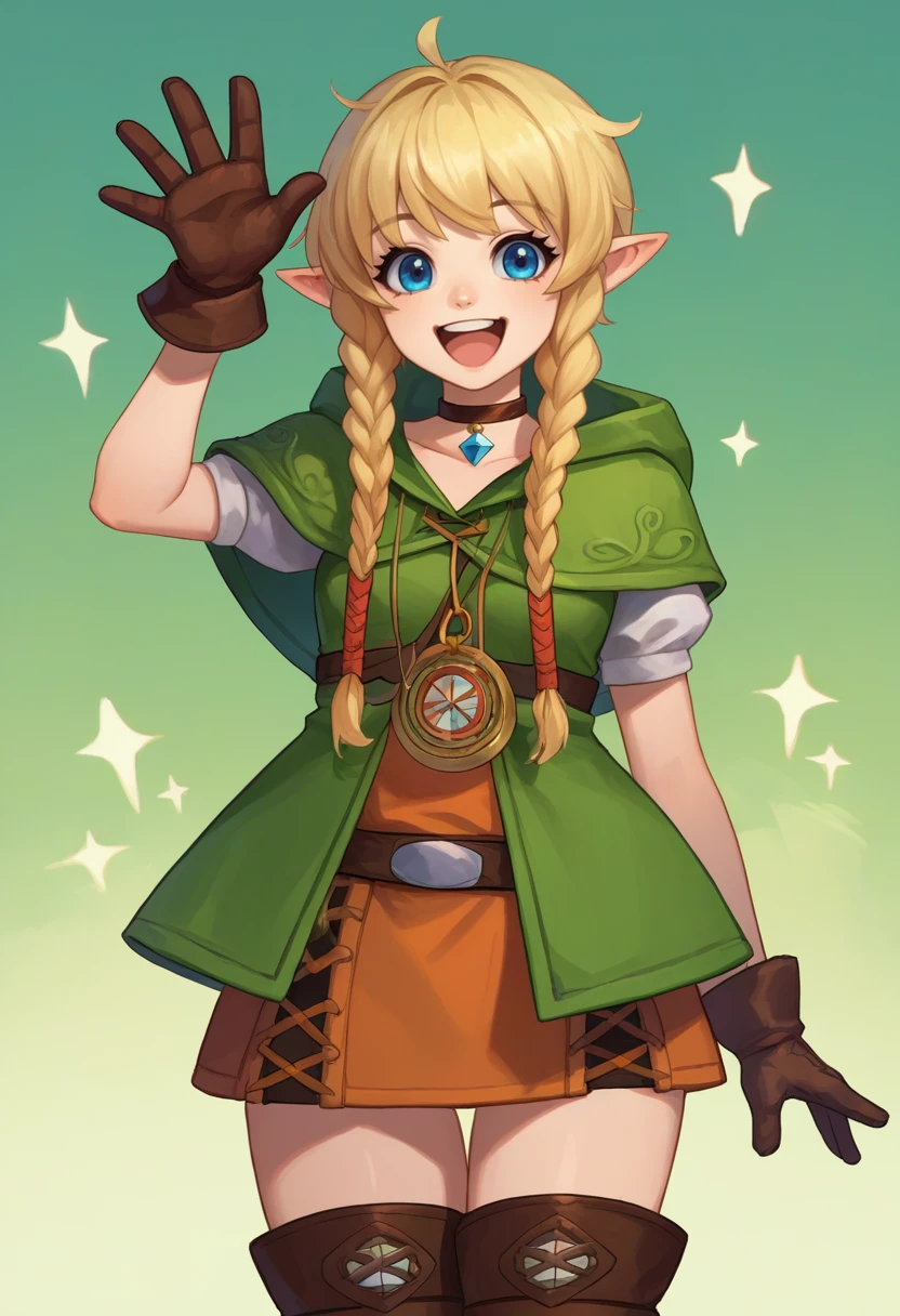 score_9, score_8_up, score_7_up, source_anime, rating_safe, solo, 1girl, linkle, happy, looking at viewer, waving, twin braids, green capelet, hood, leather gloves, skirt, thigh boots, choker, belt <lora:hyrulewarriors_linkle_ponyXL:1>