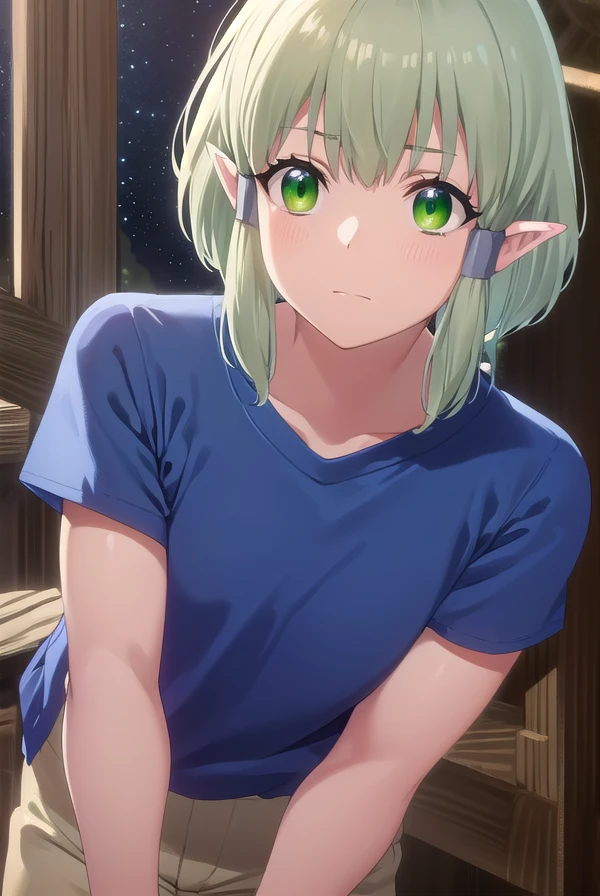 banishedal, <lora:banished al s1-lora-nochekaiser:1>,
banished al, short hair, (green eyes:1.3), sidelocks, green hair, pointy ears, hair tubes, elf,
BREAK shirt, short sleeves, pants, blue shirt, green pants,
BREAK outdoors,
BREAK looking at viewer, (cowboy shot:1.5),
BREAK <lyco:GoodHands-beta2:1>, (masterpiece:1.2), best quality, high resolution, unity 8k wallpaper, (illustration:0.8), (beautiful detailed eyes:1.6), extremely detailed face, perfect lighting, extremely detailed CG, (perfect hands, perfect anatomy),