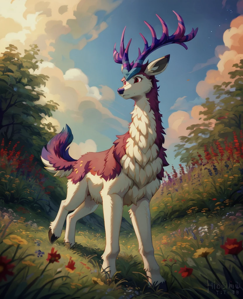 <lora:Eikthyrdeer_Palworld_v1.1_:1> eikthyrdeer, feral, solo, red eyes, low angle, by hioshiru, meadow