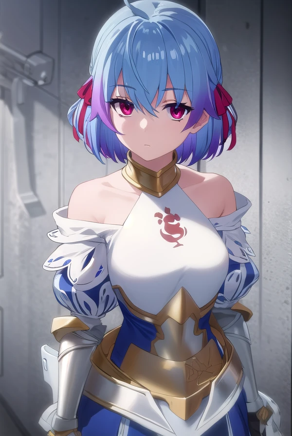 rutiragnason, <lora:ruti ragnason s1-lora-nochekaiser:1>,
ruti ragnason, short hair, (red eyes:1.3), ribbon, blue hair, hair ribbon, ahoge,
BREAK dress, bare shoulders, detached sleeves, armor, breastplate,
BREAK outdoors,
BREAK looking at viewer, (cowboy shot:1.5),
BREAK <lyco:GoodHands-beta2:1>, (masterpiece:1.2), best quality, high resolution, unity 8k wallpaper, (illustration:0.8), (beautiful detailed eyes:1.6), extremely detailed face, perfect lighting, extremely detailed CG, (perfect hands, perfect anatomy),