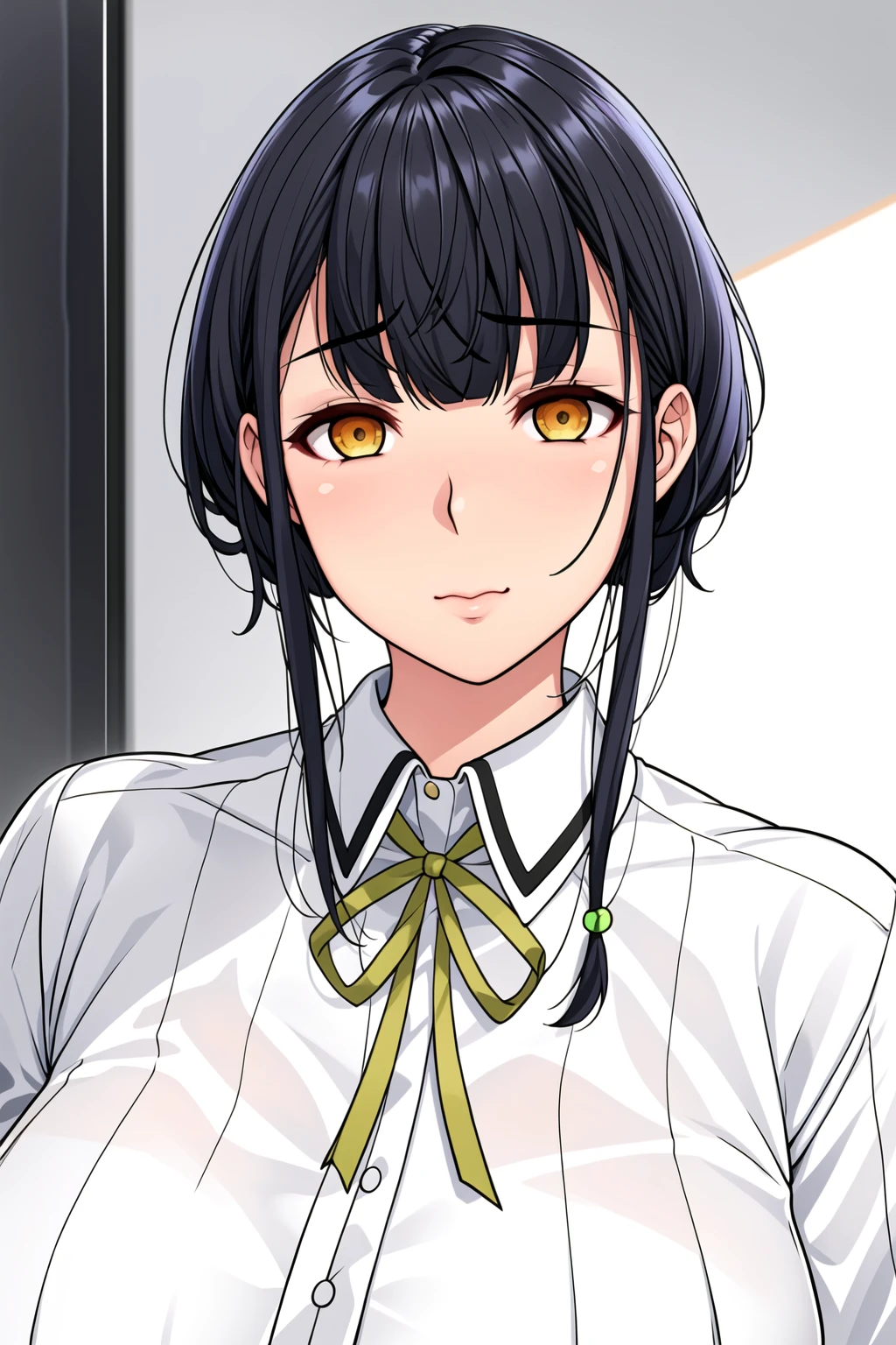 Simple White Background,
white shirt,collared shirt,green ribbon, short sleeves,
<lora:Shiratsume_Karen_JDSaimin-KK77-V1:0.7>,
yellow eyes, black hair,blunt bangs,sidelocks,hair ornament, short hair,
<lora:Oda_Non_Style-KK77-V2:0.3>,<lora:more_details:0.1>,
1 girl, 20yo,Young female,Beautiful long legs,Beautiful body,
Beautiful Nose,Beautiful character design, perfect eyes, perfect face,expressive eyes,perfect balance,
looking at viewer,(Focus on her face),closed mouth, (innocent_big_eyes:1.0),(Light_Smile:0.3),
official art,extremely detailed CG unity 8k wallpaper, perfect lighting,Colorful, Bright_Front_face_Lighting,White skin,
(masterpiece:1.0),(best_quality:1.0), ultra high res,4K,ultra-detailed,
photography, 8K, HDR, highres, absurdres:1.2, Kodak portra 400, film grain, blurry background, bokeh:1.2, lens flare, (vibrant_color:1.2),professional photograph,
(Beautiful,large_Breasts:1.4), (beautiful_face:1.5),(narrow_waist),