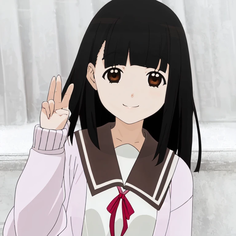 masterpiece,1girl, portrait, sakurada_maon, smile, solo, skirt, dark brown skirt, black hair, long hair, blunt bangs, cardigan, sarafuku, <lora:sakurada_maon:1>
