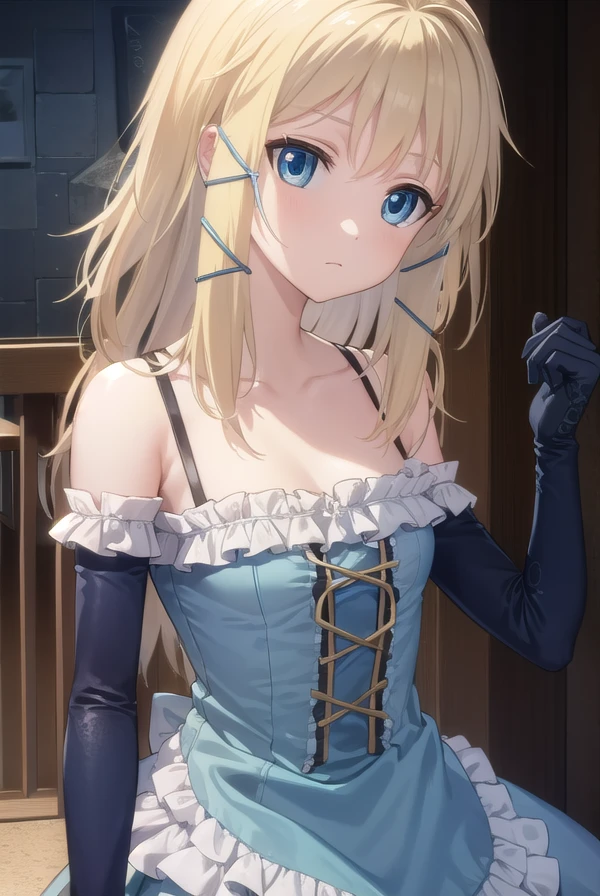 tinasprout, <lora:tina sprout s1-lora-nochekaiser:1>,
tina sprout, long hair, blonde hair, hair ornament, blue eyes,
BREAK gloves, dress, bare shoulders, frills, black gloves, elbow gloves, blue dress, frilled dress,
BREAK indoors,
BREAK looking at viewer, (cowboy shot:1.5),
BREAK <lyco:GoodHands-beta2:1>, (masterpiece:1.2), best quality, high resolution, unity 8k wallpaper, (illustration:0.8), (beautiful detailed eyes:1.6), extremely detailed face, perfect lighting, extremely detailed CG, (perfect hands, perfect anatomy),