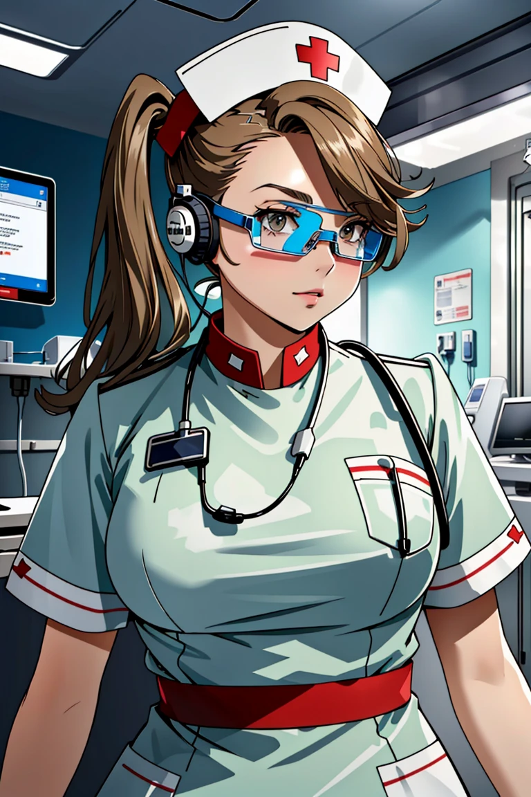 ((masterpiece, best quality,lower_body)), operating table,medical monitors,hospital bed,   <lora:cybr_nrs_v1.0-000006:0.8> (cyber_nrs,, 1girl, short sleeves, headphones, nurse cap, nurse, name tag, tinted eyewear, stethoscope,cybernetic, futuristic), <lora:KaorukoSazaki:0.8> (twintails, kaoruko, 1girl, solo, brown hair, brown eyes),