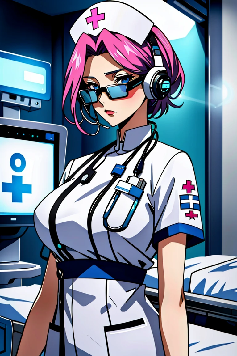 ((masterpiece, best quality,lower_body)), operating table,medical monitors,hospital bed,   <lora:cybr_nrs_v1.0-000006:0.8> (cyber_nrs,, 1girl, short sleeves, headphones, nurse cap, nurse, name tag, tinted eyewear, stethoscope,cybernetic, futuristic), (blonde hair, blue eyes,short hair,1girl,solo), <lora:cornelia_li_britanniaV2:0.7> (cornelia_li_britannia, large_breasts)