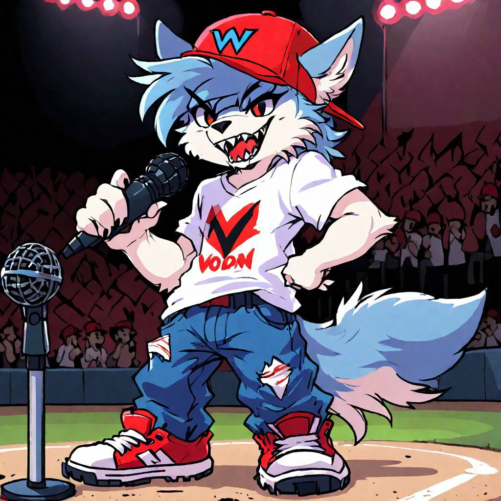 1boy, cartoon, wolf ears, red hat, baseball cap, backwards hat, white shirt,  red cancel logo on shirt, blue fur, wolf boy, wolf tail, ripped cloths, baggy pants, big shoes, claws, mic, holding mic, black eyes, fangs, chibi, v-shaped eyebrows, singing