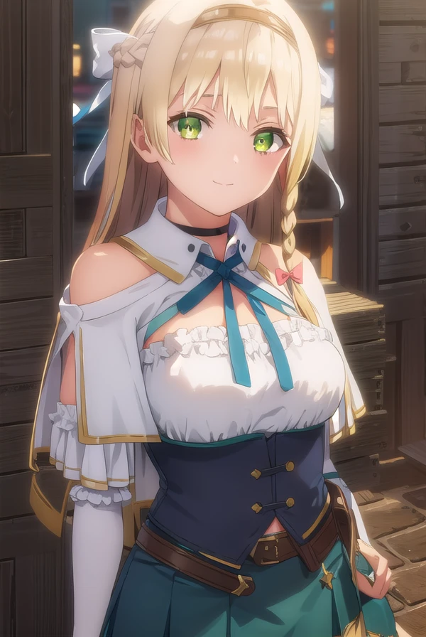 klaudiavalentz, <lora:klaudia valentz s1-lora-nochekaiser:1>,
klaudia valentz, long hair, blonde hair, bow, ribbon, (green eyes:1.3), braid, hairband, side braid, smile,
BREAK skirt, gloves, cleavage, choker, capelet, bridal gauntlets, white capelet,
BREAK outdoors,
BREAK looking at viewer, (cowboy shot:1.5),
BREAK <lyco:GoodHands-beta2:1>, (masterpiece:1.2), best quality, high resolution, unity 8k wallpaper, (illustration:0.8), (beautiful detailed eyes:1.6), extremely detailed face, perfect lighting, extremely detailed CG, (perfect hands, perfect anatomy),