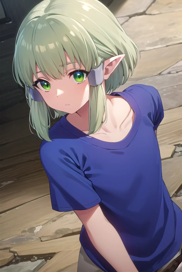 banishedal, <lora:banished al s1-lora-nochekaiser:1>,
banished al, short hair, (green eyes:1.3), sidelocks, green hair, pointy ears, hair tubes, elf,
BREAK shirt, short sleeves, pants, blue shirt, green pants,
BREAK outdoors,
BREAK looking at viewer, (cowboy shot:1.5),
BREAK <lyco:GoodHands-beta2:1>, (masterpiece:1.2), best quality, high resolution, unity 8k wallpaper, (illustration:0.8), (beautiful detailed eyes:1.6), extremely detailed face, perfect lighting, extremely detailed CG, (perfect hands, perfect anatomy),