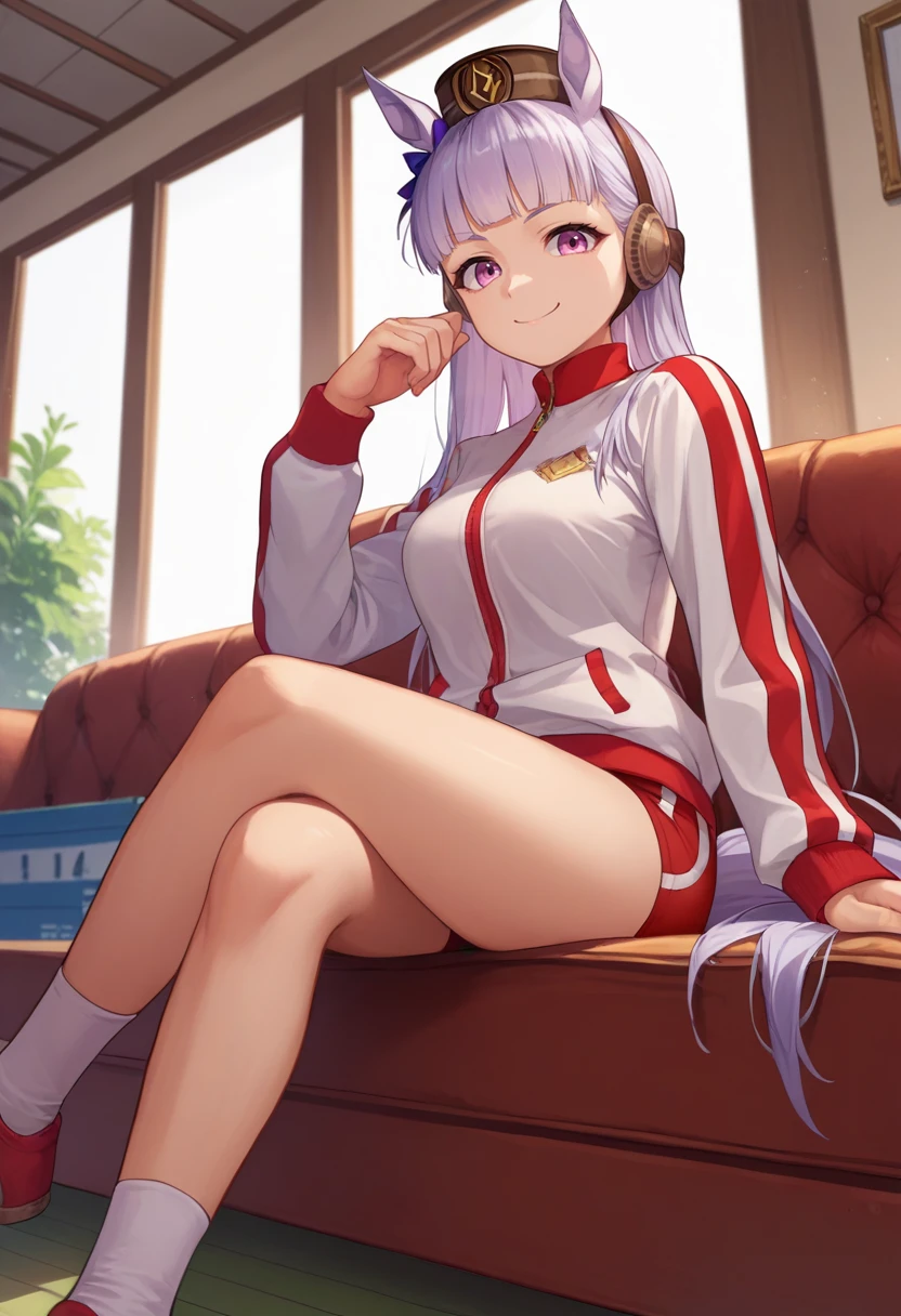 score_9, score_8_up, score_7_up, source_anime, rating_safe, solo, 1girl, umpdgoldship, slight smile, looking at viewer, sitting, crossed legs, couch, horse ears, pillbox hat, gym uniform, track jacket, red buruma, indoors, living room <lora:umamusume_goldship_ponyXL:1>