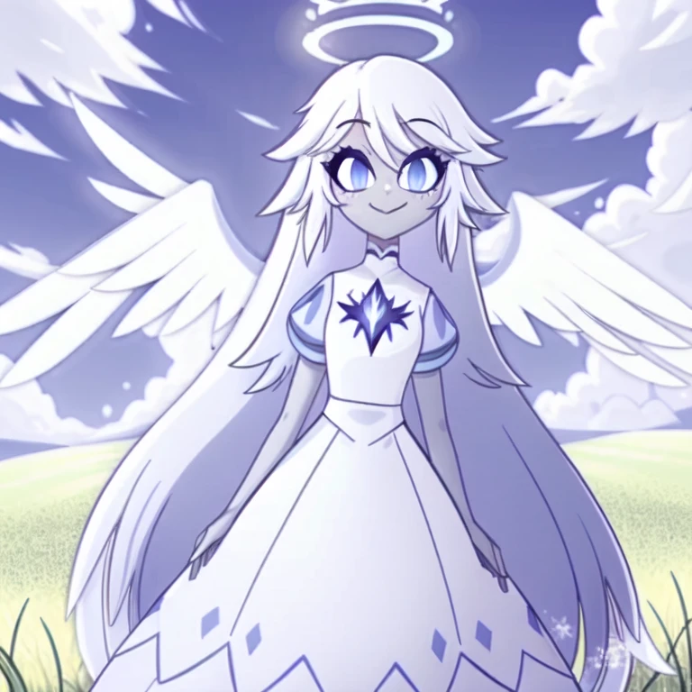 (in a green grassy field:1.1), sky, day, sun, clouds, a girl, angel, angel wings, blue eyes, colored skin, Emily, grey skin:1.2, halo, light blue sclera, long hair, closed mouth, petite, smile, very long hair, white dress, white hair, colored skin,  <lora:EmilyHazbinv1:0.8>