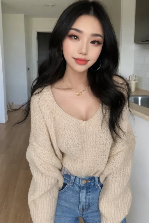 4k, 8k, ultra highres, raw photo in hdr, sharp focus, intricate texture, skin imperfections, realistic, detailed facial features, highly detailed face, posing,perfect lighting,long hair,(black hair),petite,standing,kitchen,comfy outfit,sweater, <lora:Supcaitlin1:0.7> Supcaitlin1,grin,bright red lipstick,thick lips,eyeliner,eyelashes,plump lips