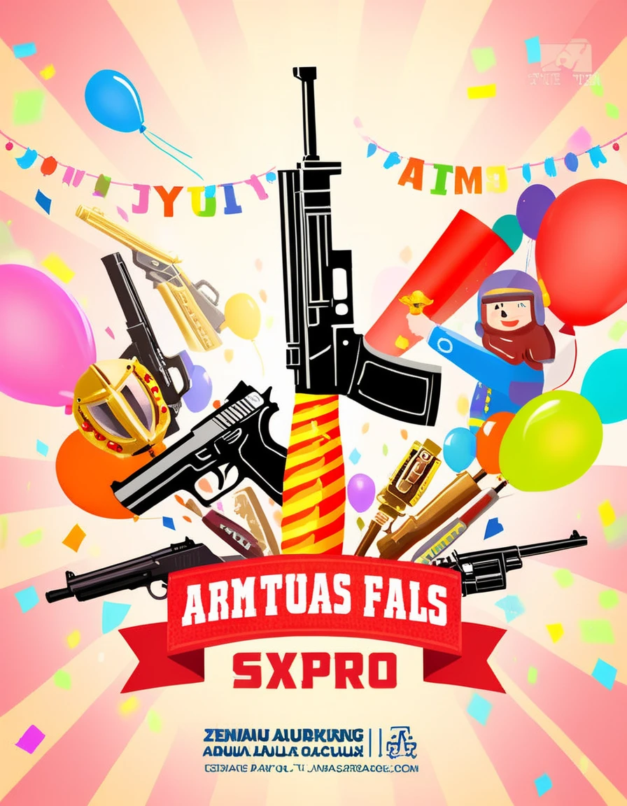 Create a vibrant digital painting style poster for a joyful firearms and munitions expo. The poster should radiate excitement and celebration, featuring an array of modern and futuristic weapons displayed with flair. Include smiling characters from diverse backgrounds, all dressed in thematic attire, showcasing the weapons in a fun and engaging manner. The background is festooned with colorful banners and balloons, under a banner that reads 'Welcome to the Annual Joyful Arms Expo!' Use bright, cheerful colors to contrast the mechanical details of the firearms, emphasizing a friendly and welcoming atmosphere, <lora:poster2-000040:0.6>