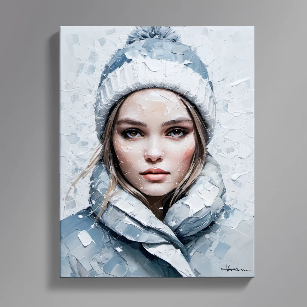 ((Abstract)) minimal palette knife canvas painting of a stunning woman with a winter theme,subtle colors, minimalist, faint,  <lora:lirosedepp_xl_1_standard_merger_31_78_05_05:1>