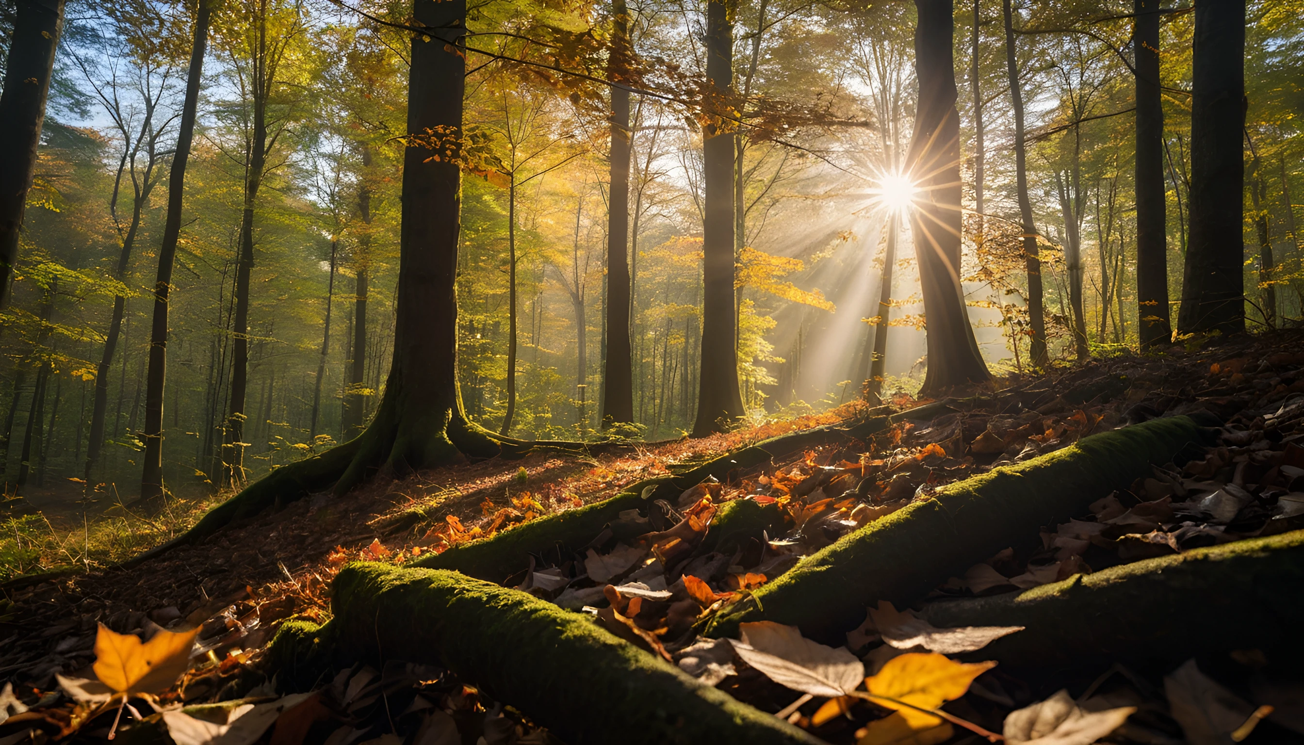a macro photograph, 50mm wide angle lens, canon, of an autumn forest, god rays shining through the trees, 8k, realistic, FUJIFILM, diffuse lighting, detailed foliage