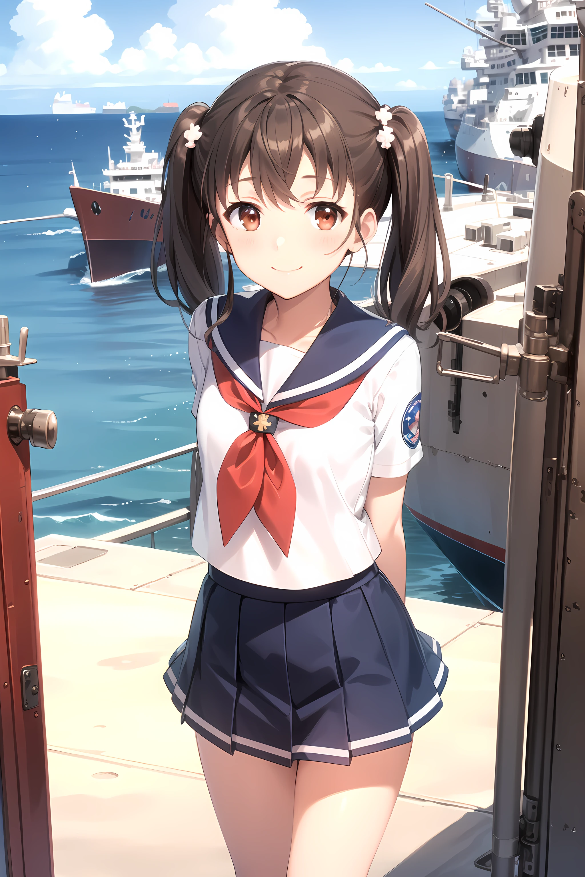 best quality, masterpiece, detailed,
<lora:HighSchoolFleet_ShiretokoRin:0.9>, ShiretokoRin,
1girl, closed mouth, light smile,
brown hair, brown eyes, long hair, twintails, hair ornament,
serafuku, sailor collar, blue skirt, red neckerchief,
standing, looking at viewer, facing viewer, arms at sides,
ocean, (ship, military vehicle:1.2)
