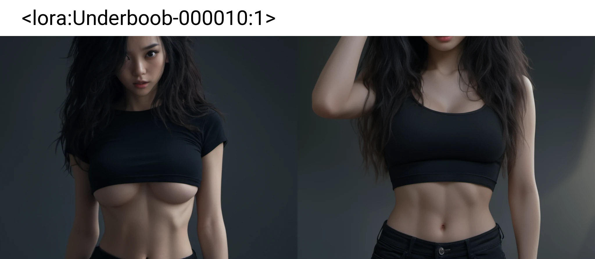 Hyperrealistic art <lora:Underboob-000010:1> underboob, black crop top, 1girl, cute, beautiful, skinny, fit, asian, 20 years old,  [very long hair|black hairl], messy hair, pale skin , large breast . Extremely high-resolution details, photographic, realism pushed to extreme, fine texture, incredibly lifelike