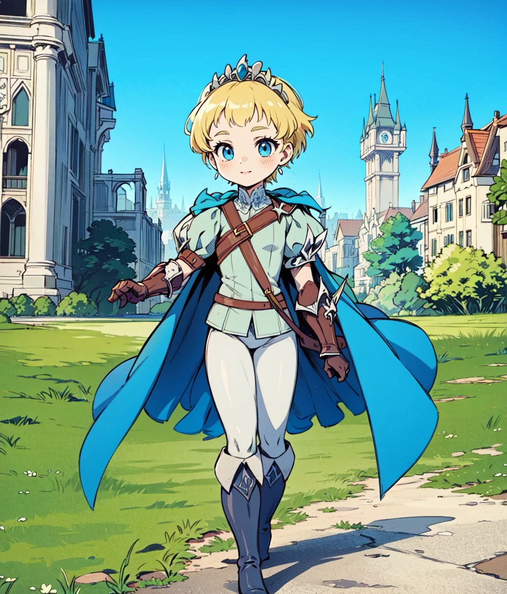 masterpiece, anime screencap, 1 girl, solo, blonde hair, blue eyes, very short hair, male haircut, tiara, blue shirt, puffy sleeves, white pants, boots, blue cape, gauntlets, outdoors, castle, full body, cowboy shot <lora:Eruca RH:1>
