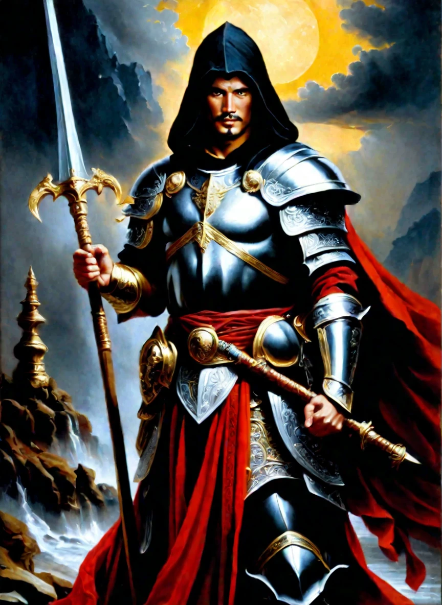 Human middle-aged male warrior holding sword body back longbow and shield armor black hair oil painting mercenary