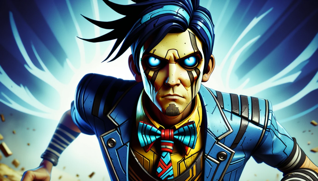 Borderlands, MOBA style, Ghostly ripped Ieuan Running, Black and Navy Blue hairstyle, he has a Navajo Bowtie, Qajar Art, Dramatic spotlight, Film grain, highly detailed face, wallpaper, heroic
