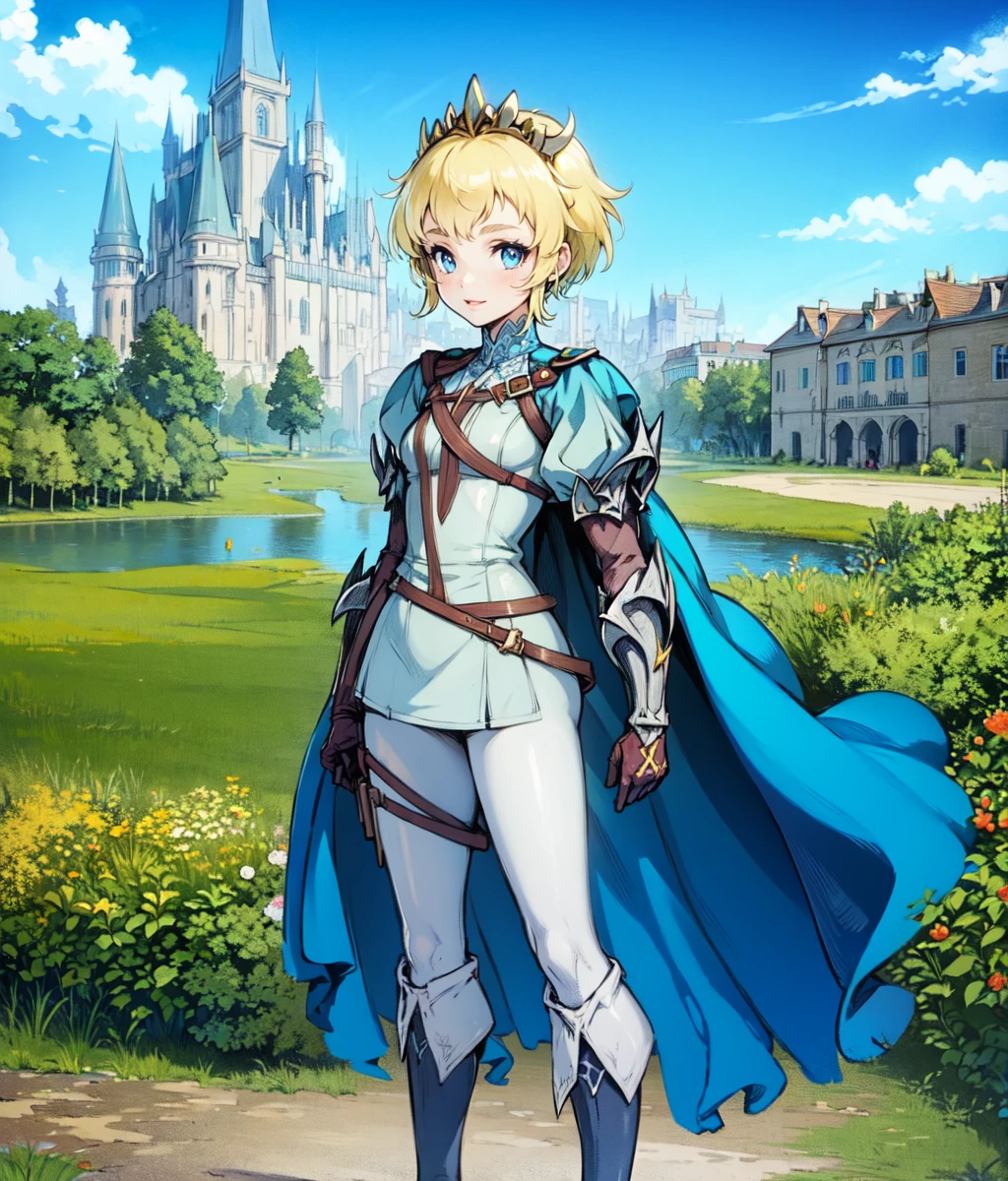 masterpiece, anime screencap, 1 girl, solo, blonde hair, blue eyes, very short hair, tiara, blue shirt, puffy sleeves, white pants, boots, blue cape, gauntlets, outdoors, castle, full body, cowboy shot <lora:Eruca RH:1>