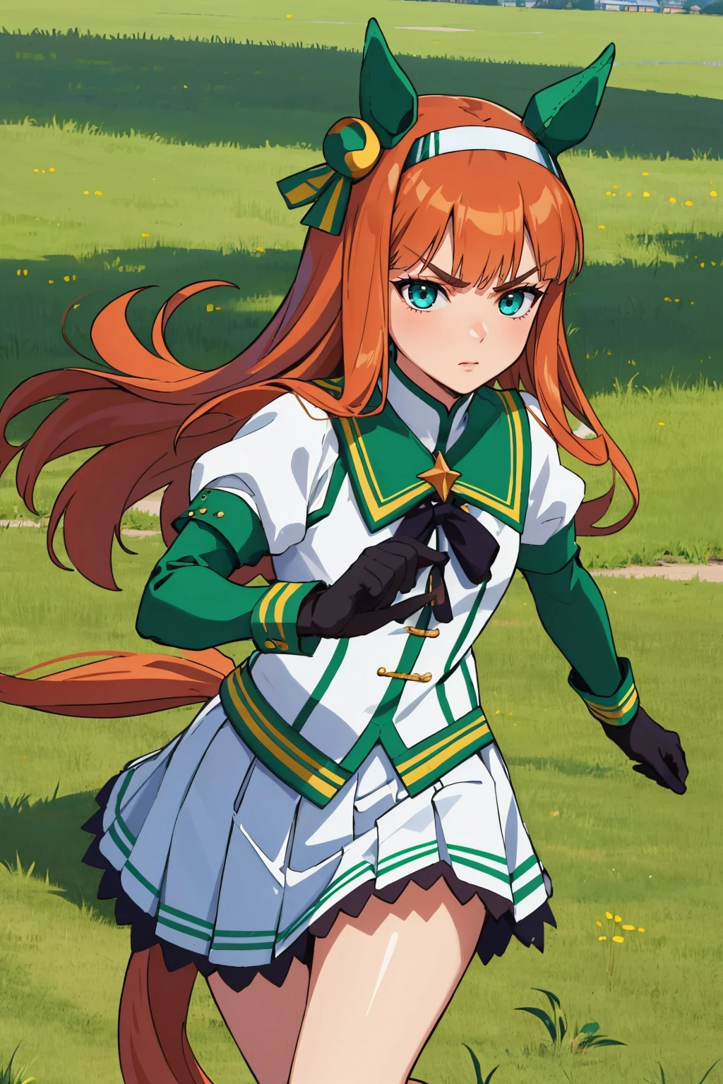 (masterpiece, best quality:1.2), solo, 1girl, silencesuzuka, serious, running, ear covers, green eyes, v-shaped eyebrows, puffy sleeves, short over long sleeves, black gloves, white skirt, horse tail, outdoors, speed lines <lora:umamusume_silencesuzuka:1>