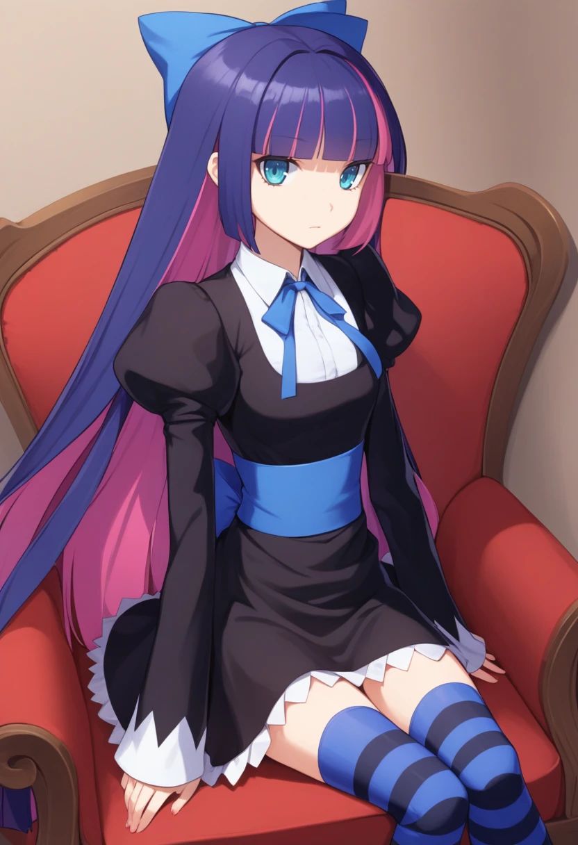 solo, 1girl, psgstocking, expressionless, looking at viewer, sitting, chair, stuffed toy, hair bow, dress, long sleeves, juliet sleeves, striped thighhighs, indoors <lora:psg_stocking_xl:1>