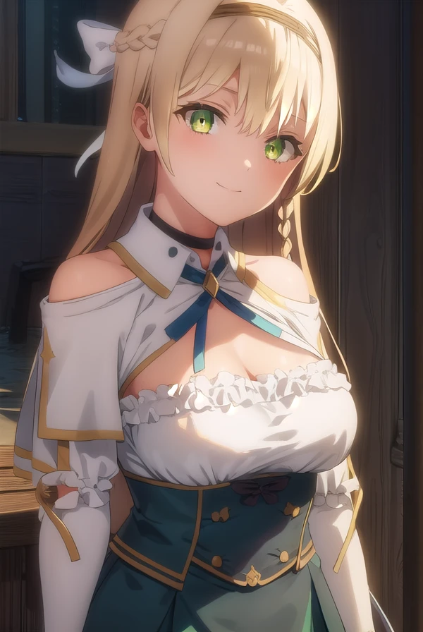 klaudiavalentz, <lora:klaudia valentz s1-lora-nochekaiser:1>,
klaudia valentz, long hair, blonde hair, bow, ribbon, (green eyes:1.3), braid, hairband, side braid, smile,
BREAK skirt, gloves, cleavage, choker, capelet, bridal gauntlets, white capelet,
BREAK outdoors,
BREAK looking at viewer, (cowboy shot:1.5),
BREAK <lyco:GoodHands-beta2:1>, (masterpiece:1.2), best quality, high resolution, unity 8k wallpaper, (illustration:0.8), (beautiful detailed eyes:1.6), extremely detailed face, perfect lighting, extremely detailed CG, (perfect hands, perfect anatomy),