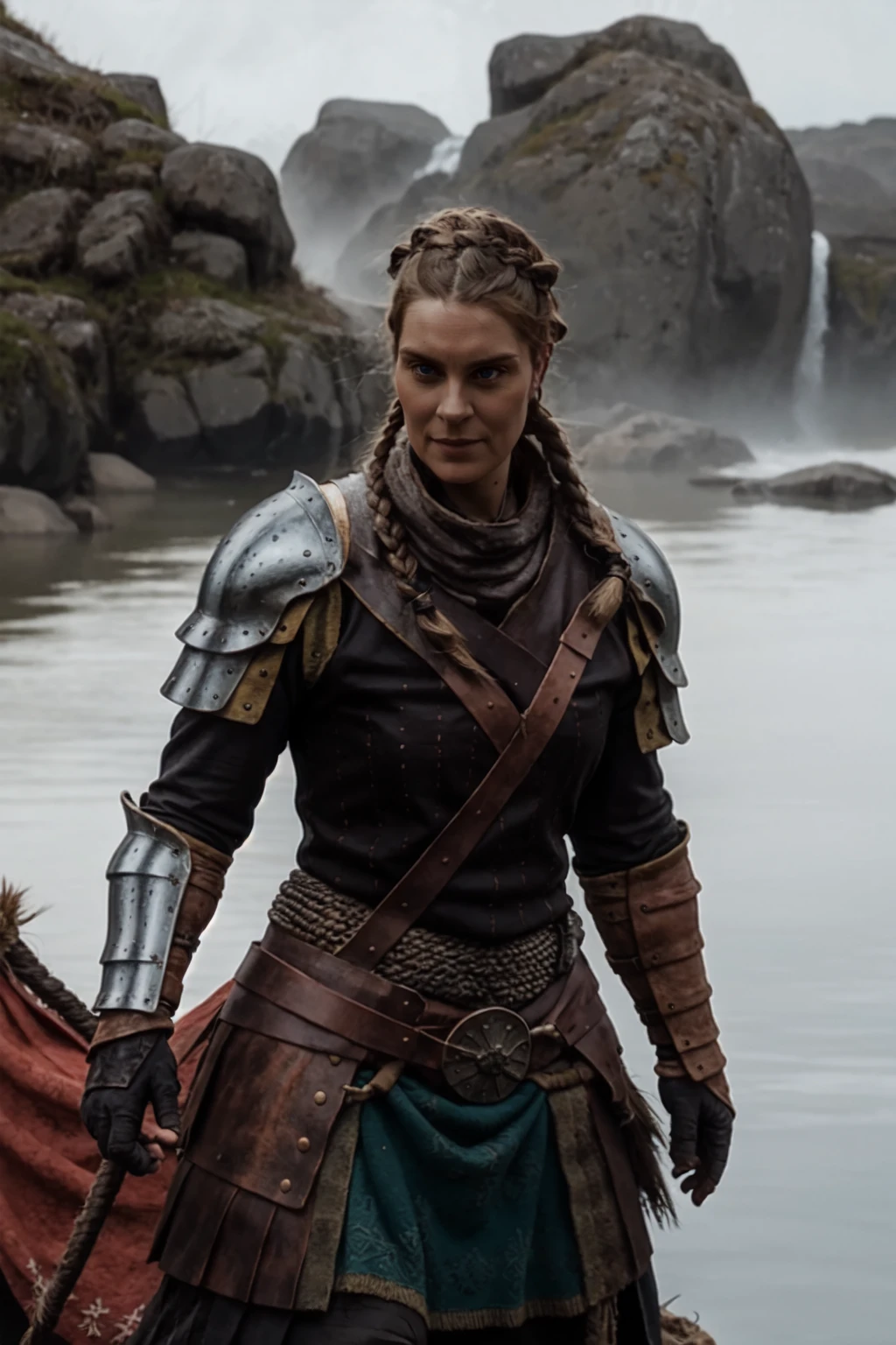 <lora:mondongo_LoRA_RaggaRagnars:1> mndngwmn, wearing a viking leather armor, leather pauldrons, on a longboat, braids, (ultra realistic, 8k,high quality), above the waist photo