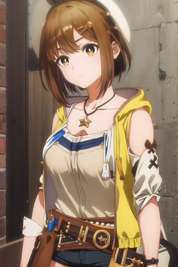 reisalinstout, <lora:reisalin stout s1-lora-nochekaiser:1>,
reisalin stout, short hair, brown hair, hair ornament, (brown eyes:1.5), hairclip,
BREAK thighhighs, gloves, hat, jewelry, jacket, thighs, shorts, belt, necklace, star \(symbol\), short shorts, white headwear, brown gloves, single glove, yellow jacket, red shorts, leather, sleeveless jacket, star necklace, leather gloves,
BREAK outdoors,
BREAK looking at viewer, (cowboy shot:1.5),
BREAK <lyco:GoodHands-beta2:1>, (masterpiece:1.2), best quality, high resolution, unity 8k wallpaper, (illustration:0.8), (beautiful detailed eyes:1.6), extremely detailed face, perfect lighting, extremely detailed CG, (perfect hands, perfect anatomy),