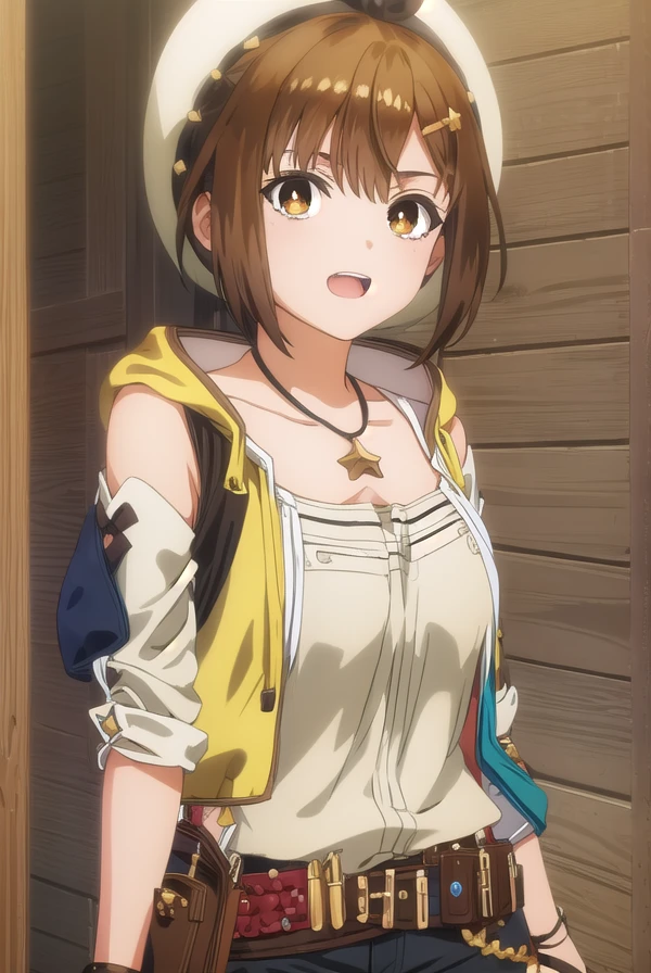 reisalinstout, <lora:reisalin stout s1-lora-nochekaiser:1>,
reisalin stout, short hair, brown hair, hair ornament, (brown eyes:1.5), hairclip, smile, open mouth,
BREAK thighhighs, gloves, hat, jewelry, jacket, thighs, shorts, belt, necklace, star \(symbol\), short shorts, white headwear, brown gloves, single glove, yellow jacket, red shorts, leather, sleeveless jacket, star necklace, leather gloves,
BREAK outdoors,
BREAK looking at viewer, (cowboy shot:1.5),
BREAK <lyco:GoodHands-beta2:1>, (masterpiece:1.2), best quality, high resolution, unity 8k wallpaper, (illustration:0.8), (beautiful detailed eyes:1.6), extremely detailed face, perfect lighting, extremely detailed CG, (perfect hands, perfect anatomy),
