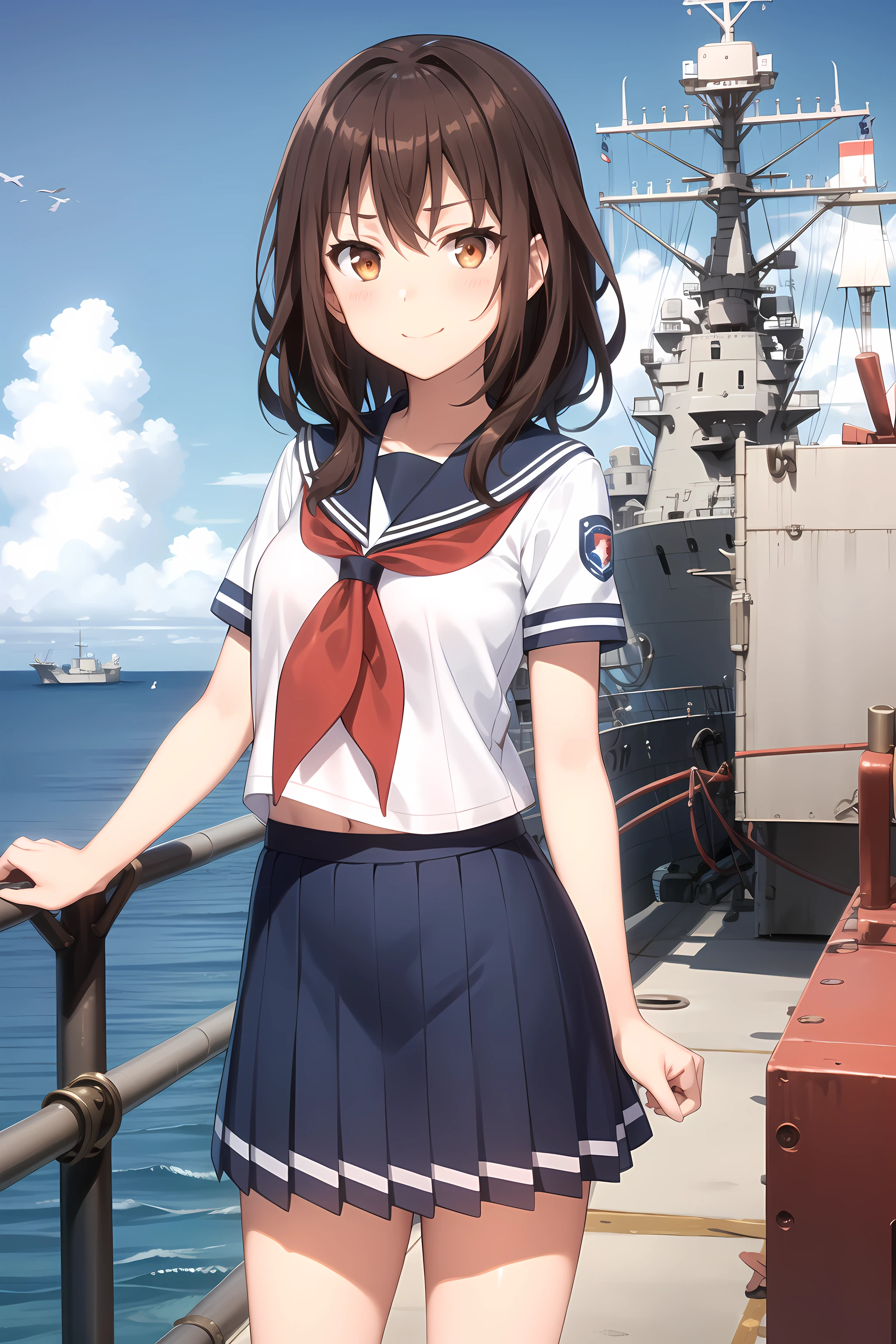 best quality, masterpiece, detailed,
<lora:HighSchoolFleet_KurokiHiromi_1:0.8>, KurokiHiromi,
1girl, closed mouth, light smile,
brown hair, brown eyes, long hair,
serafuku, short sleeves, blue skirt, red neckerchief,
standing, looking at viewer, facing viewer, arms at sides,
ocean, (ship, military vehicle:1.2)