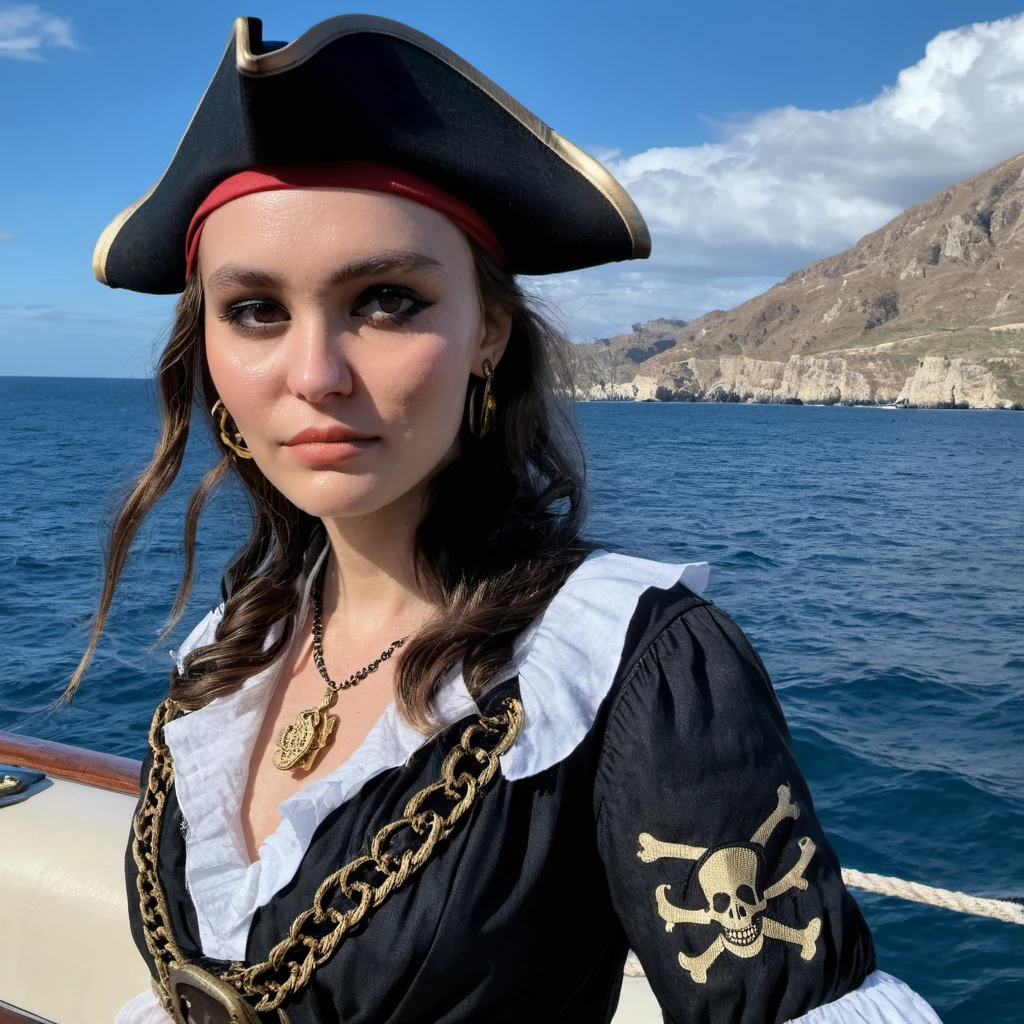 Skin Texture, Instagram iPhone Portrait photo of a woman wearing a pirate outfit on the open seas, Nikon Z9, (sharp focus), (high quality), , <lora:lirosedepp_xl_1_standard_merger_31_78_05_05:1>