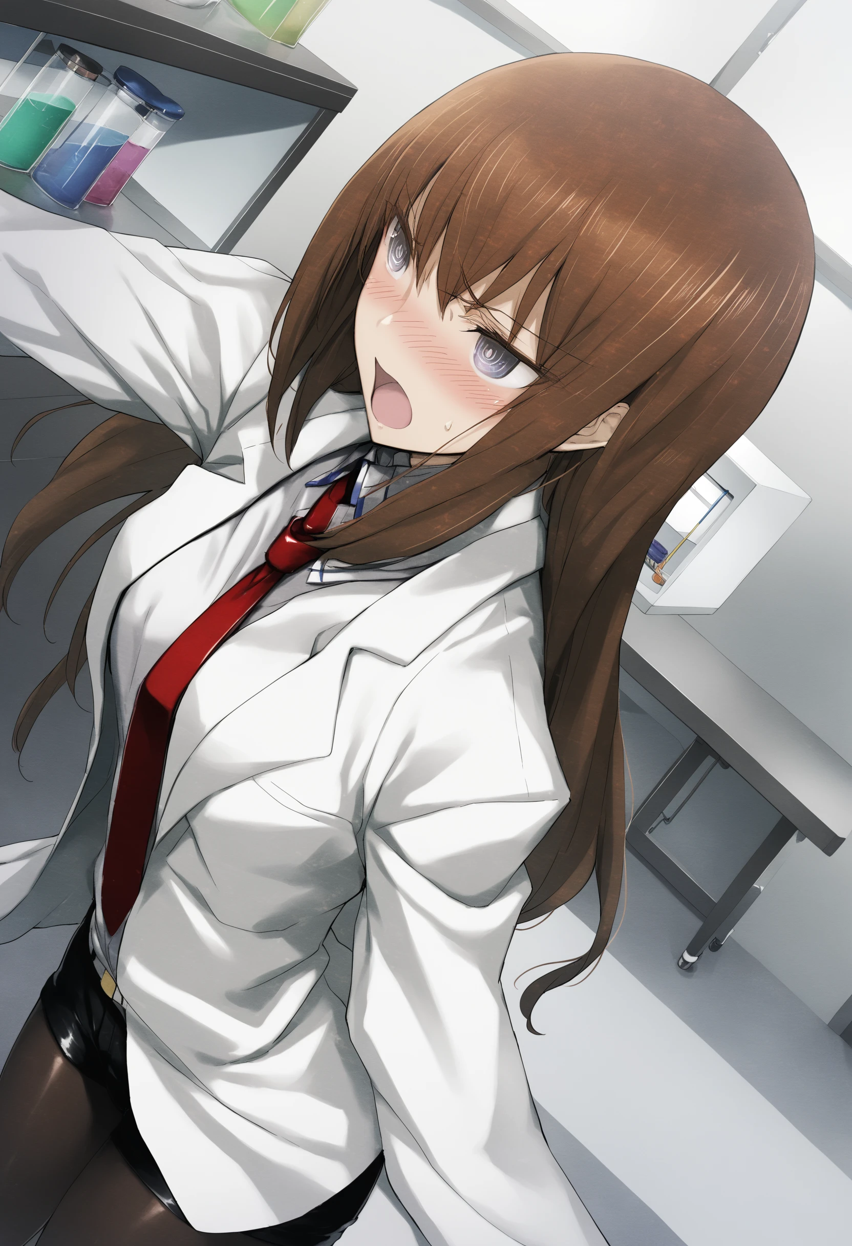 1girl, makise kurisu, steins;gate,<lora:kurisuXLv1:0.8>,
short shorts, shirt, pantyhose,necktie,labcoat,laboratory,
dutch angle, cowboy shot, looking to the side, flustered, open mouth,
medium quality,