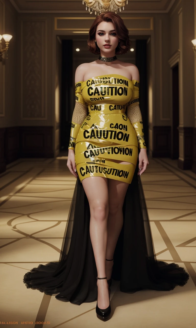 ctf2024, 1girl, model shoot, dress, auburn hair, elegant ball, pov, photorealistic, 8k, uhd, masterpiece, detailed skin, skin pores, intricate, depth of field, full body, raw image, cinematic lighting, gown, beautiful, large breasts, text says "caution", ballroom, mansion,