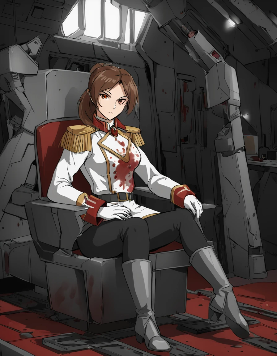 1girl,lotarasarrin, <lora:LotaraSarrinXL:0.9>,sitting on chair,blood on clothes,in metal room,starship bridge,space,windows,expressionless,uniform,military uniform,black pants,epaulettes,boots,full body,looking at viewer,1990s style