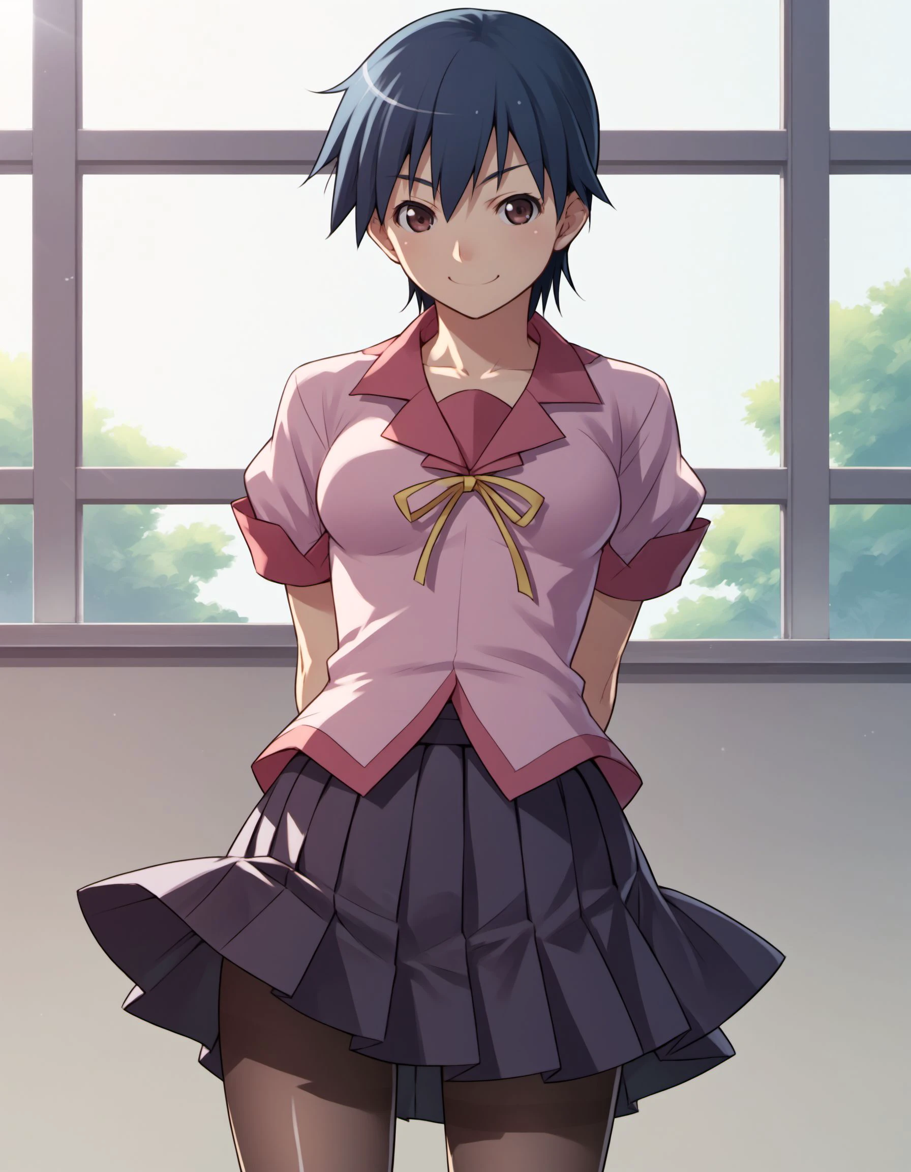 score_9, score_8_up, score_7_up, score_6_up, score_5_up, score_4_up, source_anime, BREAK
KanbaruSuruga, 1girl, solo, school uniform, pantyhose, breasts, skirt, arms behind back, smile,
<lora:KanbaruSuruga_PD6XL:1>