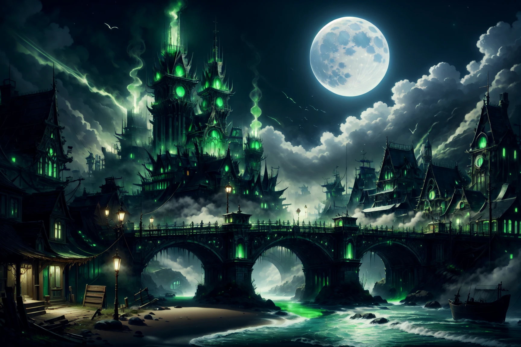 masterpiece, best quality, absurdres, <lora:GhostPirateWorld:1> ghostpirateworld, green glow, green glowing aura, metropolis with bridges and roads, moonlight, volumetric lighting, gloomy, mist, fog,