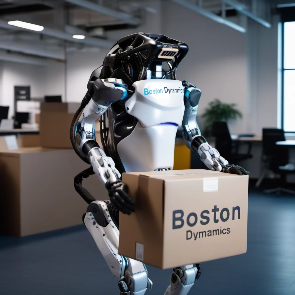 a robot fired from his job is holding a cardboardbox with his personnal belongings inside in an office, (((text ''Boston Dynamics''))) <lora:Atlas1024-000160:0.8>