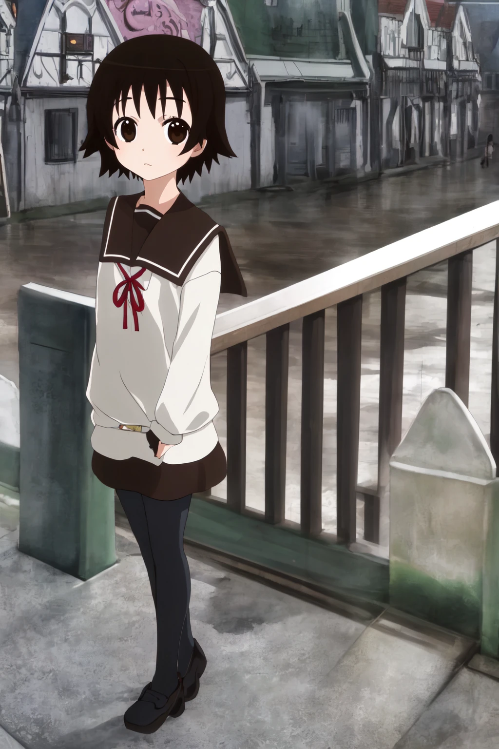 masterpiece,1girl, full body, standing, sawatari_fuu, solo, brown hair, brown eyes, short hair, serafuku, brown skirt, pantyhose, town, <lora:fuu:1>,