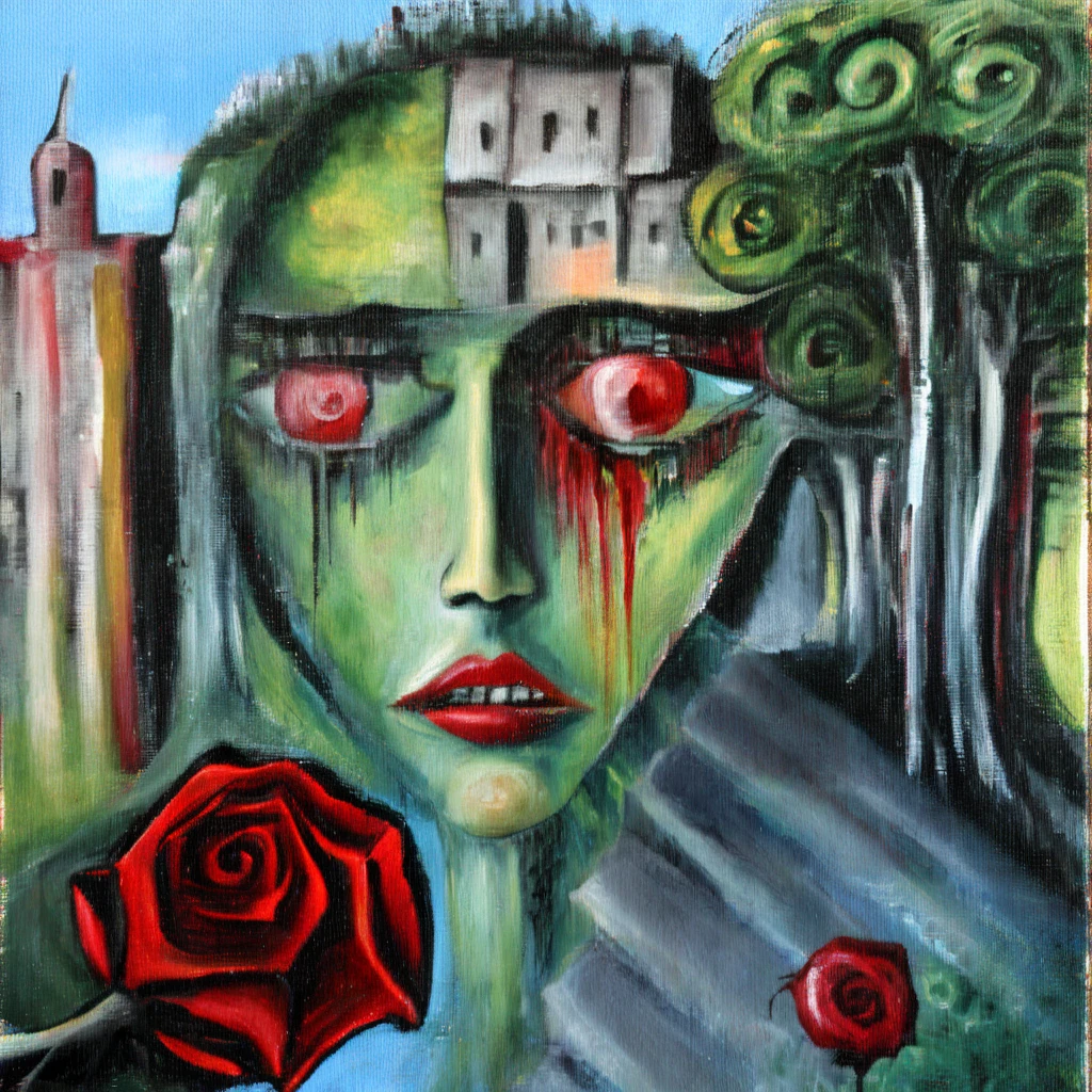 corcoc2s face girl with rose in garden, tree in surrealistic city <lora:corcoc2s:1>