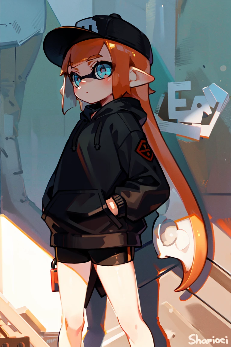 1girl, solo, long hair, long sleeves, hat, closed mouth, green eyes, standing, cowboy shot, outdoors, shorts, day, pointy ears, signature, hood, blunt bangs, orange hair, from side, short shorts, black headwear, hoodie, shadow, black shorts, hood down, bike shorts, baseball cap, tentacle hair, stairs, hands in pockets, drawstring, logo, shade, against wall, wall, graffiti, inkling, inkling girl,<lora:EMS-293499-EMS:0.800000>