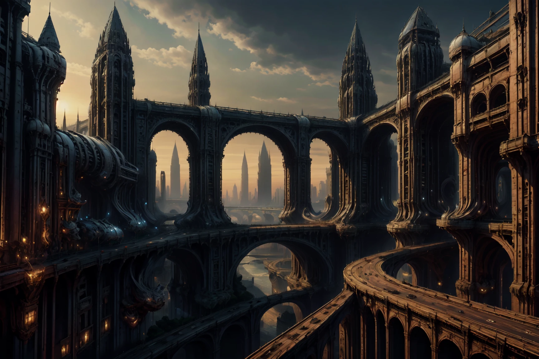 masterpiece, best quality, expressive eyes, absurdres, <lora:H.R.GigerWorld:1> gigerworld, metropolis with towers and roads with bridges,