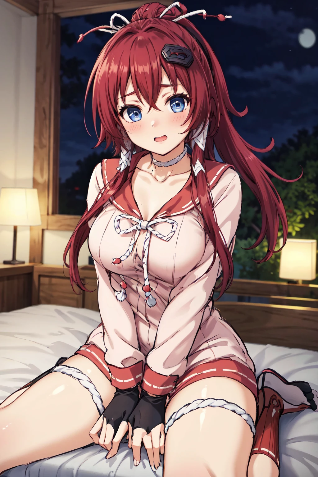 masterpiece,best quality,highres,ultra-detailed,yagyuu juubei \(hyakka ryouran\),ahoge,long hair,ponytail,hair between eyes,hair ribbon,hair ornament,large breasts,choker,collar,bowtie,dress,pink dress,long sleeves,fingerless gloves,black gloves,thigh strap,socks,<lora:yagyuu_juubei_(hyakka_ryouran):0.7>,indoors,sitting,bed,blush,(embarrass:1.2),night,