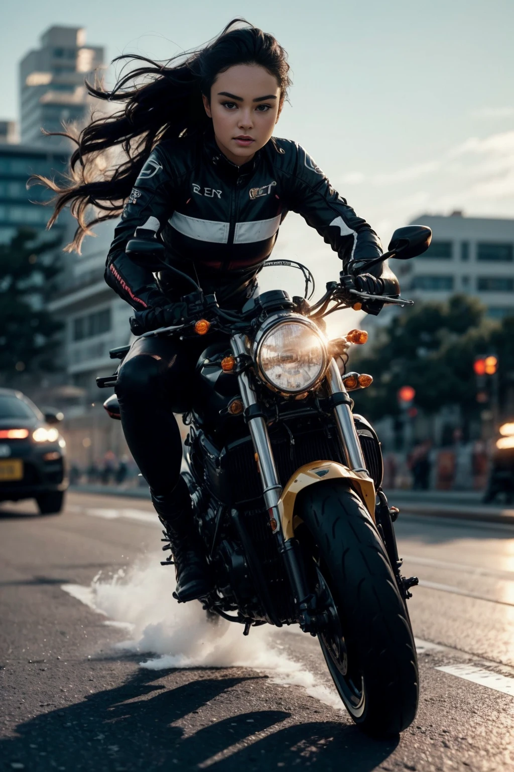 <lora:opt-courtneyeaton:0.8> opt-courtneyeaton, full body, official art, unity 8k wallpaper, ultra detailed, beautiful and aesthetic, masterpiece, best quality,photorealistic,realistic,8k, action, dramatic, movement, frenetic, cinematic, solo focus, bokeh, blurred background, dramatic lighting , woman riding a futuristic motorcycle, light bike race