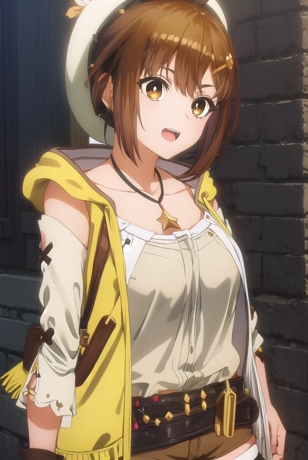 reisalinstout, <lora:reisalin stout s1-lora-nochekaiser:1>,
reisalin stout, short hair, brown hair, hair ornament, (brown eyes:1.5), hairclip, smile, open mouth,
BREAK thighhighs, gloves, hat, jewelry, jacket, thighs, shorts, belt, necklace, star \(symbol\), short shorts, white headwear, brown gloves, single glove, yellow jacket, red shorts, leather, sleeveless jacket, star necklace, leather gloves,
BREAK outdoors,
BREAK looking at viewer, (cowboy shot:1.5),
BREAK <lyco:GoodHands-beta2:1>, (masterpiece:1.2), best quality, high resolution, unity 8k wallpaper, (illustration:0.8), (beautiful detailed eyes:1.6), extremely detailed face, perfect lighting, extremely detailed CG, (perfect hands, perfect anatomy),