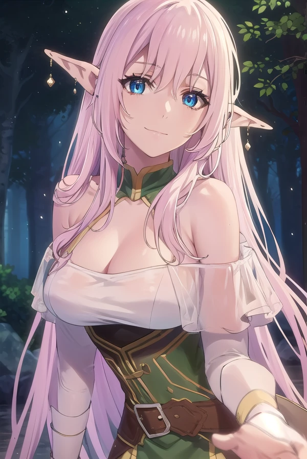 yarandrala, <lora:yarandrala s1-lora-nochekaiser:1>,
yarandrala, long hair, bangs, blue eyes, hair between eyes, very long hair, pink hair, pointy ears, elf, smile,
BREAK gloves, cleavage, jewelry, earrings, corset, dress, green dress, pelvic curtain,
BREAK outdoors,
BREAK looking at viewer, (cowboy shot:1.5),
BREAK <lyco:GoodHands-beta2:1>, (masterpiece:1.2), best quality, high resolution, unity 8k wallpaper, (illustration:0.8), (beautiful detailed eyes:1.6), extremely detailed face, perfect lighting, extremely detailed CG, (perfect hands, perfect anatomy),